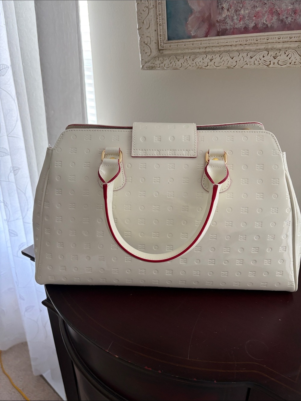 Arcadia White Embossed Leather Satchel with Gold Hardware - Picture 3 of 6